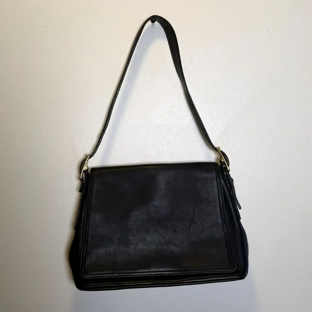 Coach Black Leather Shoulder Bag Flap Purse Brass Buckle Vintage USA C1P-9926